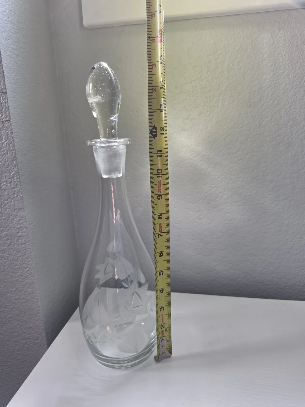 Vintage Romanian Etched Glass Decanter with Stopper - Clear